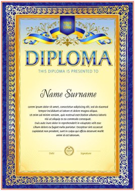 Diploma boş şablon. Mavi renkli dekorasyon. Tasarım Ödülü veya diğer resmi belgeleri kullanmak olabilir.