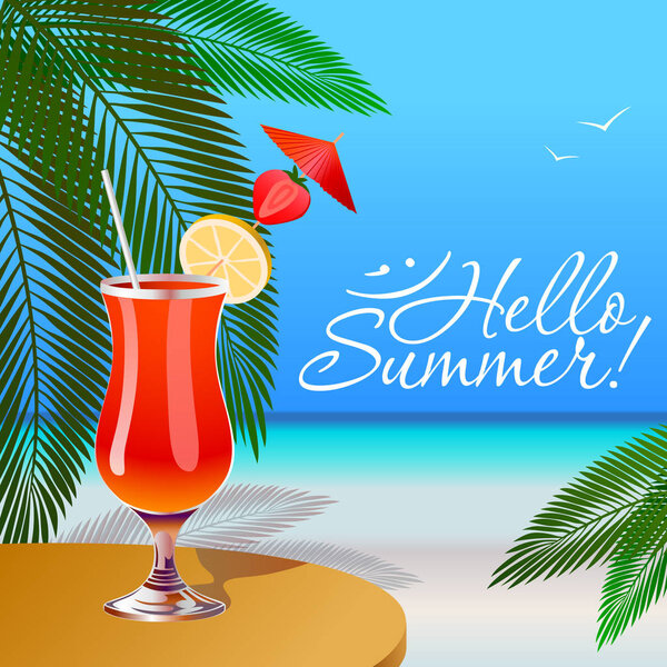 Иллюстрация морской стороны. Летнее время. Коктейль на столе
.