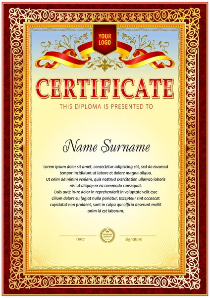 Diploma boş şablon. Kırmızı renkli dekorasyon. Tasarım Ödülü veya diğer resmi belgeleri kullanmak olabilir.