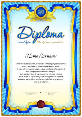 Vintage diploma boş şablon / ikinci derece. Metin alanı çevresinde Şerit mavi renk tasarımı.