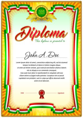 Diploma boş şablon. Renkli şerit civarındadır. Tasarım Ödülü veya diğer resmi belgeler için kullanılabilir.