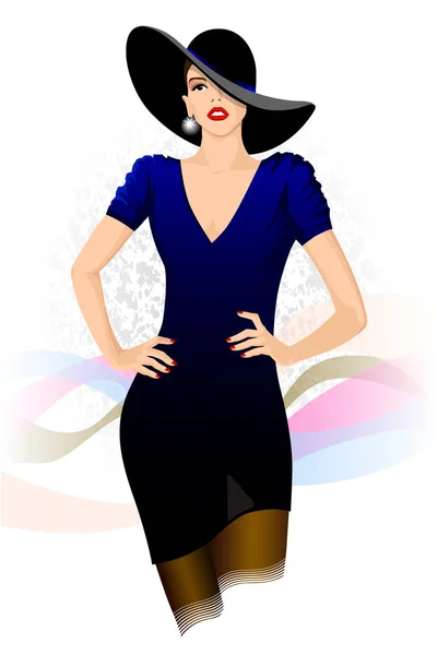 Illustration Mode Femme Glamour Robe Bleu Foncé Chapeau Noir — Image vectorielle