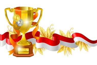 Sport competition award composition.Gold cup wrapped with colorful ribbon and floral elements clipart