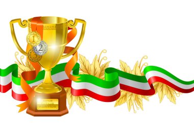 Spor Yarışması Ödülü kompozisyon. Gold Kupası renkli şerit ve çiçek öğeleri ile sarılmış