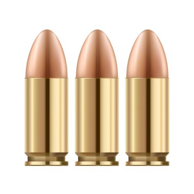 Silah mermi üzerinde beyaz izole. Altın parlak metal yüzey.