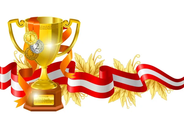 Спортивні Змагання Нагороджують Композицією Золота Чашка Загорнута Різнокольоровою Стрічкою Квітковими — стоковий вектор
