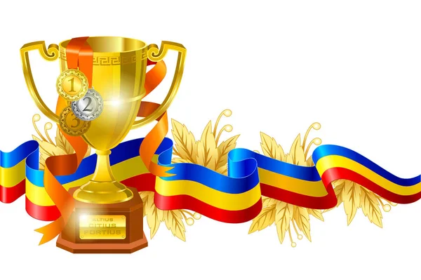 Sport Konkurrens Award Sammansättning Gold Cup Lindade Med Färgglada Band — Stock vektor