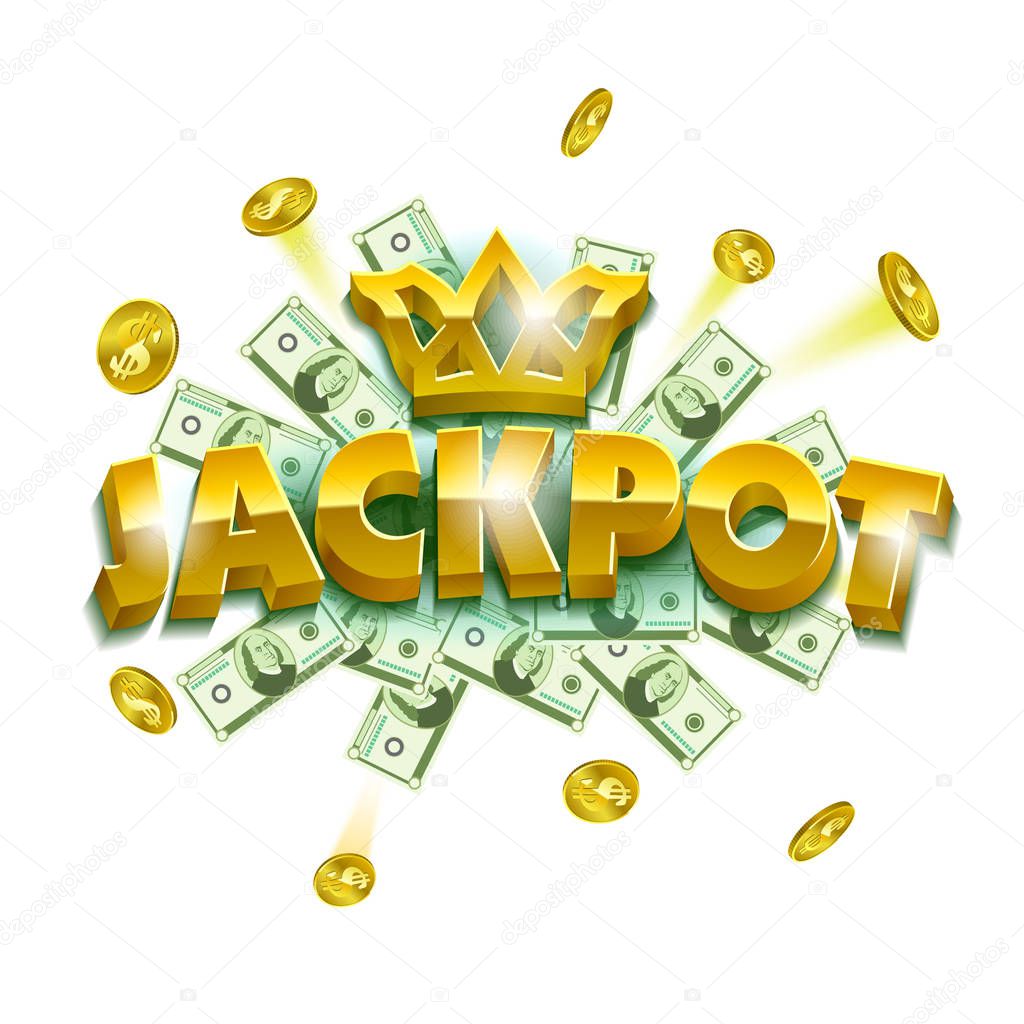 Jackpot casino banner. Colorful objects as a coins, banknotes and huge letter signs. Can be used as an announcement game banner