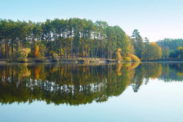 Podzimní Jezero Lese Odraz Vodě Žluté Podzimní Stromy — Stock fotografie