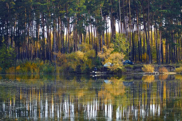 Podzimní Jezero Lese Odraz Vodě Žluté Podzimní Stromy — Stock fotografie