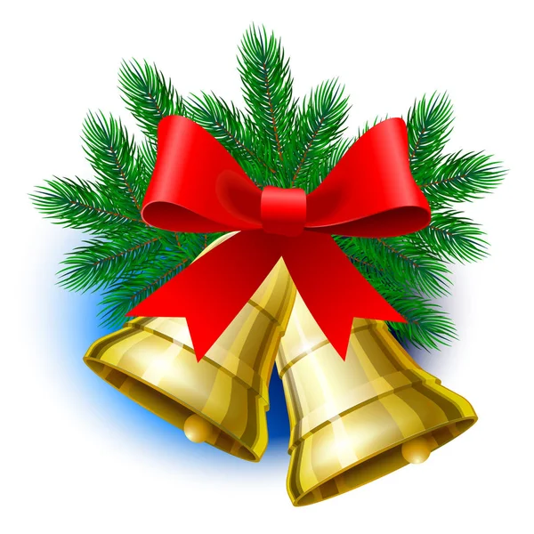 Neşeli Noel renkli etiket. Yeşil çam dalları üzerinde kırmızı yay ile gerçekçi altın çan.