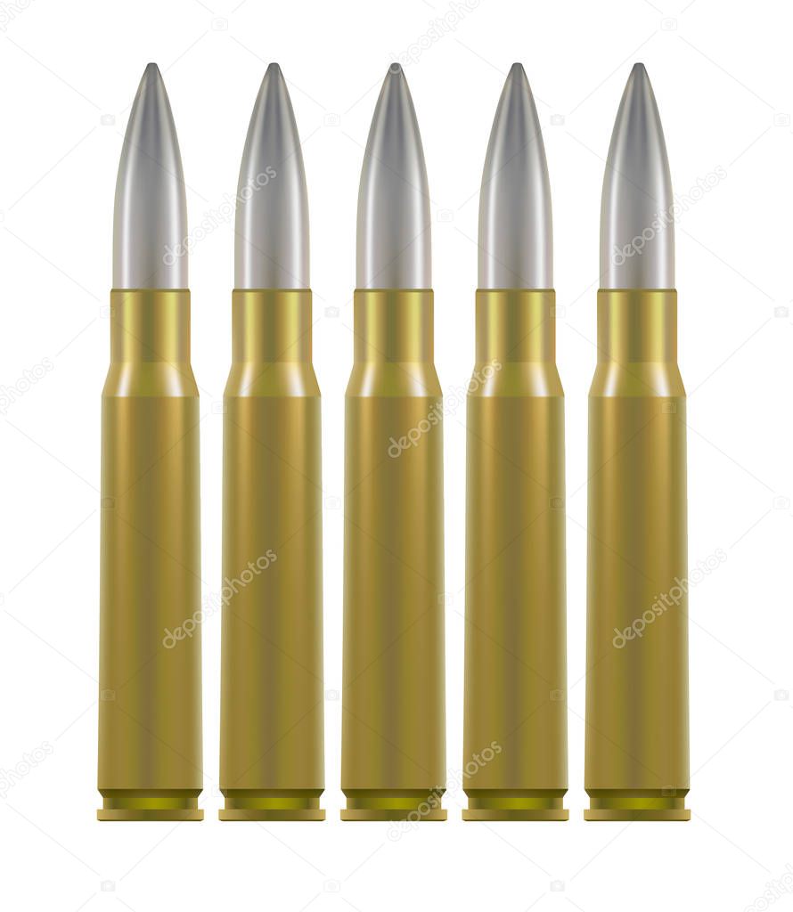 Ammo cartridges. Brass cases with silver rounded bullet inside. Isolated on white.