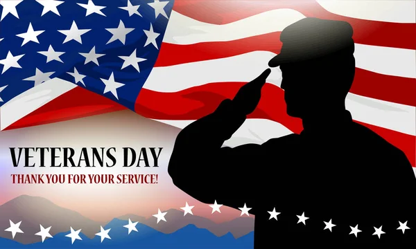 Veteran's day holiday banner. Solder silhouette, American flag fragment and text block.