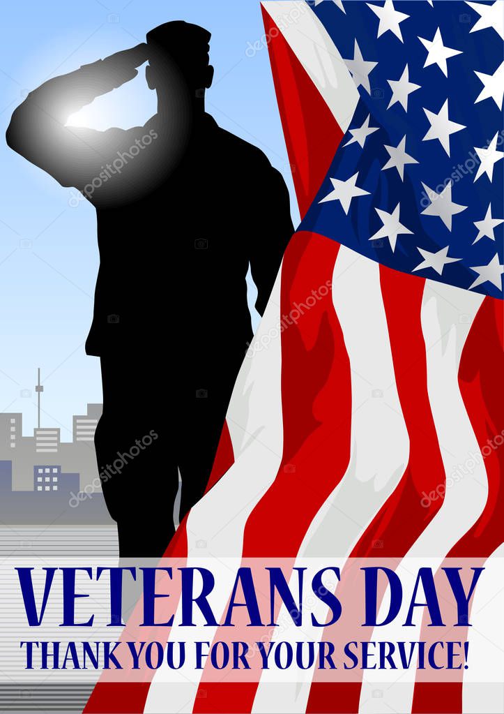 Veteran's day holiday banner. Solder silhouette, American flag fragment and text block.