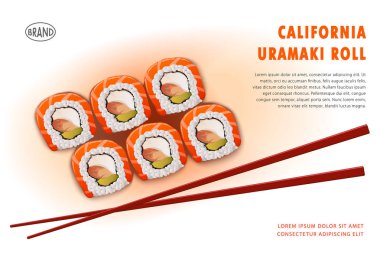Menü tasarım düzeni. Japon gıda, gerçekçi sanat eseri rulo ve sopa. Grafik yazdırılabilir tasarım reklam restoran için yararlı.