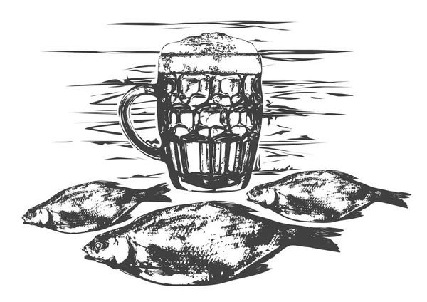 Bier Party Illustration Bierkrüge Fisch Traditionelle Komposition Des Skizzenstils — Stockvektor