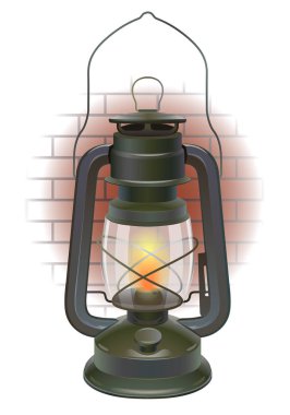 Tuğla duvar parçası üzerinde eski keroyağı lamba.