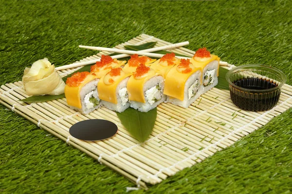 Japans Eten Compositie Van Rolls Bamboo Mat Gratis Samenstelling Met — Stockfoto