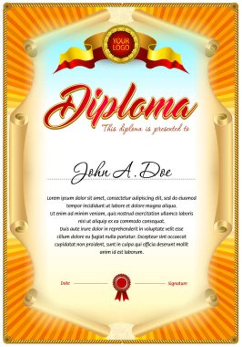 Diploma boş şablon. Renkli şerit civarındadır. Tasarım Ödülü veya diğer resmi belgeler için kullanılabilir.