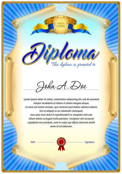 Mavi diploma boş şablonu. Renkli kurdele etrafta. Tasarım ödül veya diğer resmi belgeler için kullanılabilir.