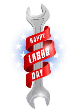 İşçi Bayramı tatil simgesi. Dikey spanner üzerinde wgite harfleri ile kırmızı afiş sarılmış.