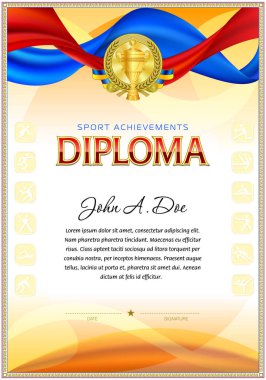 Spor diploması boş şablon. Altın plaka ile üst renkli çırpınan perdeler.