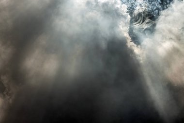 Yanan bahçenin üzerindeki dumanlı kuru yapraklar güneş ışınlarıyla birlikte..