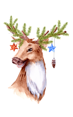Hand drawn deer with Christmas decoration. Watercolor painted Character. Watercolor Christmas deers for Christmas card. Happy new year celebration