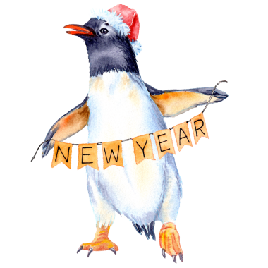 Hand drawn penguins with Christmas garland. Watercolor painted Character. Black-white south bird in the Christmas hat. Christmas card. Happy new year celebration