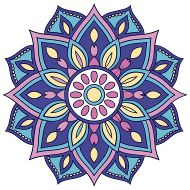 Bu canlı mandala illüstrasyonu mavi, mor, pembe ve sarı tonlarında katmanlı taç yaprakları içeren simetrik bir çiçek tasarımı içerir. Merkezi bir çiçek motifinden yayılan, karmaşık geometrik desenler, uyumlu ve meditasyon yapan bir görsel yaratıyor.
