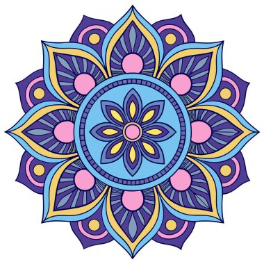 Bu canlı mandala illüstrasyonu mavi, mor, pembe ve sarı tonlarında katmanlı taç yaprakları içeren simetrik bir çiçek tasarımı içerir. Merkezi bir çiçek motifinden yayılan, karmaşık geometrik desenler, uyumlu ve meditasyon yapan bir görsel yaratıyor.