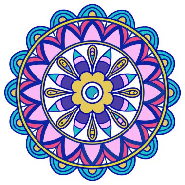 Bu canlı mandala illüstrasyonu mavi, mor, pembe ve sarı tonlarında katmanlı taç yaprakları içeren simetrik bir çiçek tasarımı içerir. Merkezi bir çiçek motifinden yayılan, karmaşık geometrik desenler, uyumlu ve meditasyon yapan bir görsel yaratıyor.