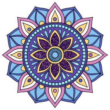 Bu canlı mandala illüstrasyonu mavi, mor, pembe ve sarı tonlarında katmanlı taç yaprakları içeren simetrik bir çiçek tasarımı içerir. Merkezi bir çiçek motifinden yayılan, karmaşık geometrik desenler, uyumlu ve meditasyon yapan bir görsel yaratıyor.