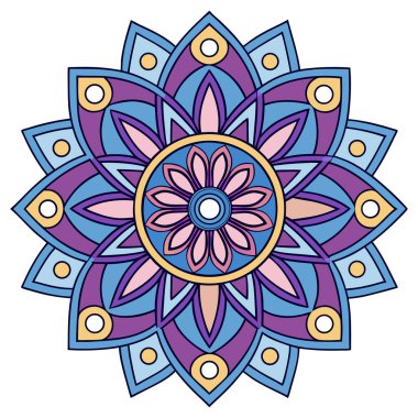 Bu canlı mandala illüstrasyonu mavi, mor, pembe ve sarı tonlarında katmanlı taç yaprakları içeren simetrik bir çiçek tasarımı içerir. Merkezi bir çiçek motifinden yayılan, karmaşık geometrik desenler, uyumlu ve meditasyon yapan bir görsel yaratıyor.
