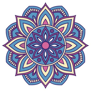 Bu canlı mandala illüstrasyonu mavi, mor, pembe ve sarı tonlarında katmanlı taç yaprakları içeren simetrik bir çiçek tasarımı içerir. Merkezi bir çiçek motifinden yayılan, karmaşık geometrik desenler, uyumlu ve meditasyon yapan bir görsel yaratıyor.