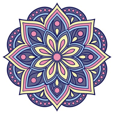 Bu canlı mandala illüstrasyonu mavi, mor, pembe ve sarı tonlarında katmanlı taç yaprakları içeren simetrik bir çiçek tasarımı içerir. Merkezi bir çiçek motifinden yayılan, karmaşık geometrik desenler, uyumlu ve meditasyon yapan bir görsel yaratıyor.