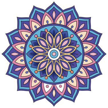 Bu canlı mandala illüstrasyonu mavi, mor, pembe ve sarı tonlarında katmanlı taç yaprakları içeren simetrik bir çiçek tasarımı içerir. Merkezi bir çiçek motifinden yayılan, karmaşık geometrik desenler, uyumlu ve meditasyon yapan bir görsel yaratıyor.