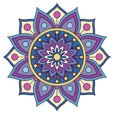 Bu canlı mandala illüstrasyonu mavi, mor, pembe ve sarı tonlarında katmanlı taç yaprakları içeren simetrik bir çiçek tasarımı içerir. Merkezi bir çiçek motifinden yayılan, karmaşık geometrik desenler, uyumlu ve meditasyon yapan bir görsel yaratıyor.