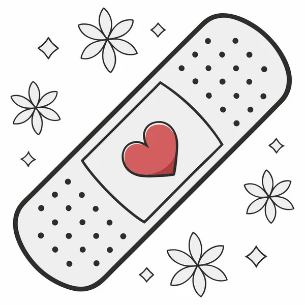 Minimalist medikal temalı illüstrasyonda, merkezinde kırmızı bir kalple X şeklinde kesişen iki yapıştırıcı sargı bulunuyor. Parıltılar ve dekoratif X simgeleriyle çevrelenmiş bu tasarım iyileşme, bakım ve duygusal desteği sembolize ediyor.