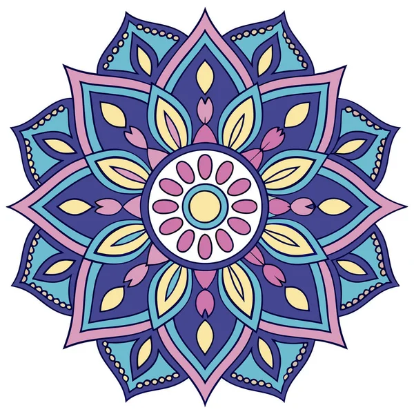 Bu canlı mandala illüstrasyonu mavi, mor, pembe ve sarı tonlarında katmanlı taç yaprakları içeren simetrik bir çiçek tasarımı içerir. Merkezi bir çiçek motifinden yayılan, karmaşık geometrik desenler, uyumlu ve meditasyon yapan bir görsel yaratıyor.