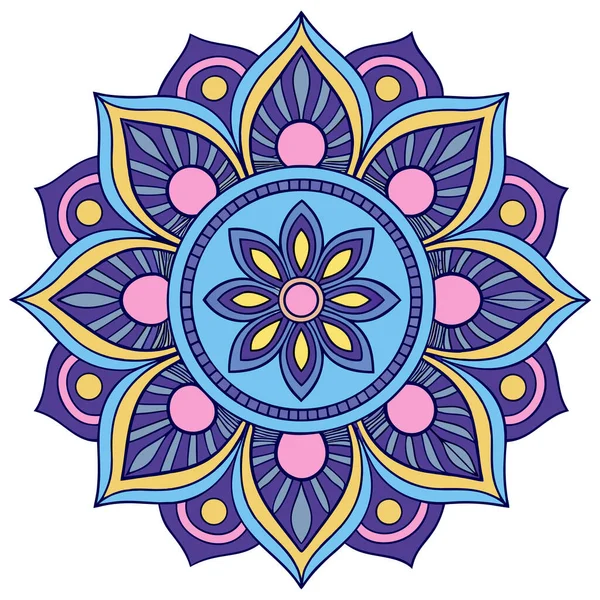 Bu canlı mandala illüstrasyonu mavi, mor, pembe ve sarı tonlarında katmanlı taç yaprakları içeren simetrik bir çiçek tasarımı içerir. Merkezi bir çiçek motifinden yayılan, karmaşık geometrik desenler, uyumlu ve meditasyon yapan bir görsel yaratıyor.