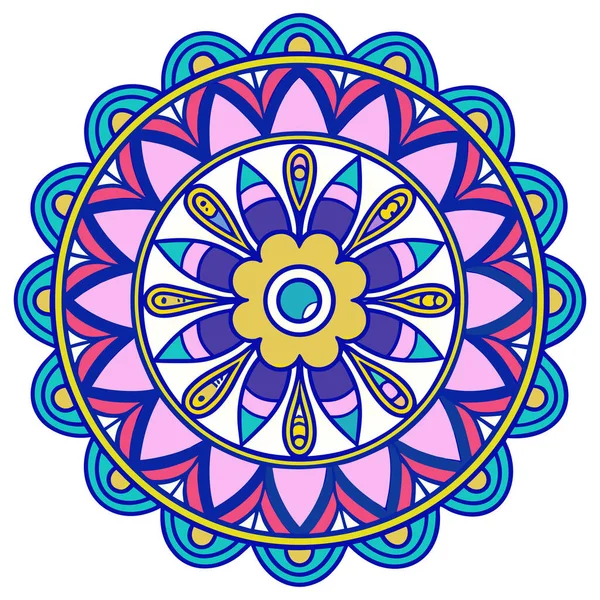 Bu canlı mandala illüstrasyonu mavi, mor, pembe ve sarı tonlarında katmanlı taç yaprakları içeren simetrik bir çiçek tasarımı içerir. Merkezi bir çiçek motifinden yayılan, karmaşık geometrik desenler, uyumlu ve meditasyon yapan bir görsel yaratıyor.