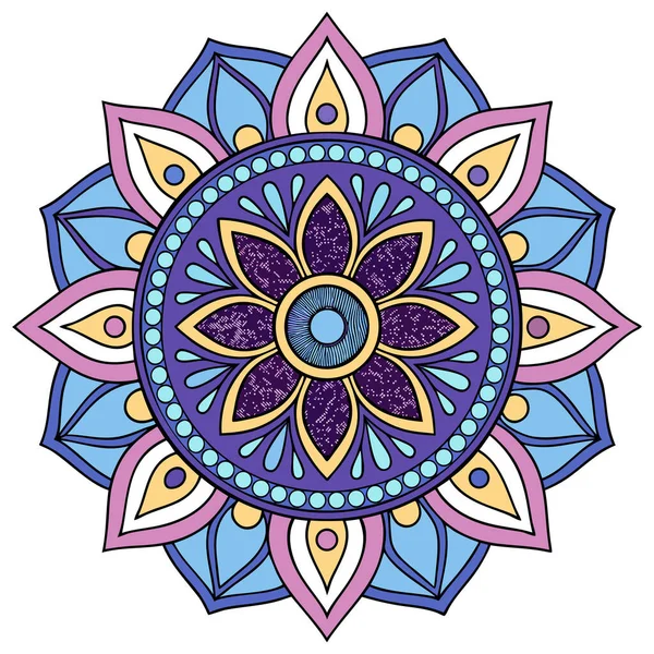 Bu canlı mandala illüstrasyonu mavi, mor, pembe ve sarı tonlarında katmanlı taç yaprakları içeren simetrik bir çiçek tasarımı içerir. Merkezi bir çiçek motifinden yayılan, karmaşık geometrik desenler, uyumlu ve meditasyon yapan bir görsel yaratıyor.