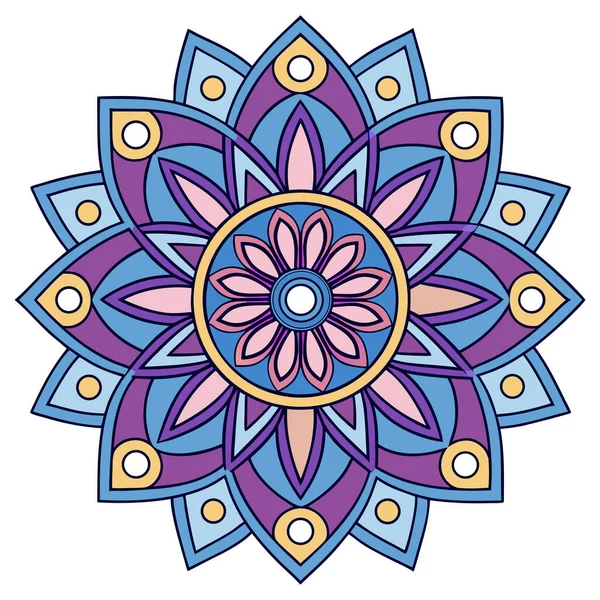 Bu canlı mandala illüstrasyonu mavi, mor, pembe ve sarı tonlarında katmanlı taç yaprakları içeren simetrik bir çiçek tasarımı içerir. Merkezi bir çiçek motifinden yayılan, karmaşık geometrik desenler, uyumlu ve meditasyon yapan bir görsel yaratıyor.