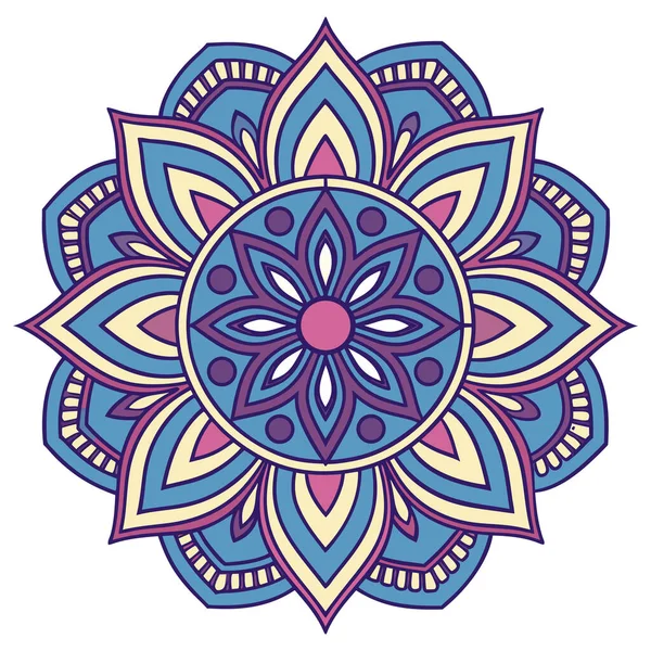 Bu canlı mandala illüstrasyonu mavi, mor, pembe ve sarı tonlarında katmanlı taç yaprakları içeren simetrik bir çiçek tasarımı içerir. Merkezi bir çiçek motifinden yayılan, karmaşık geometrik desenler, uyumlu ve meditasyon yapan bir görsel yaratıyor.