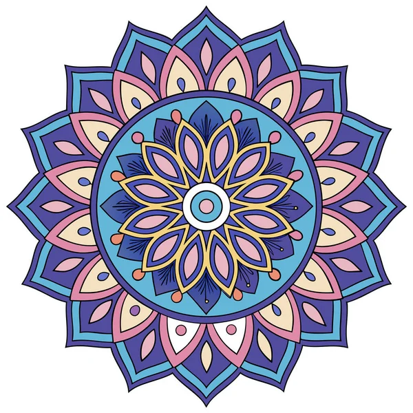 Bu canlı mandala illüstrasyonu mavi, mor, pembe ve sarı tonlarında katmanlı taç yaprakları içeren simetrik bir çiçek tasarımı içerir. Merkezi bir çiçek motifinden yayılan, karmaşık geometrik desenler, uyumlu ve meditasyon yapan bir görsel yaratıyor.