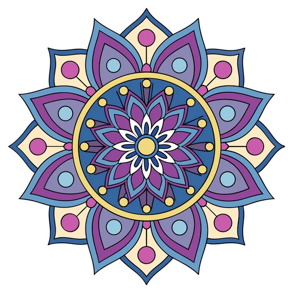 Bu canlı mandala illüstrasyonu mavi, mor, pembe ve sarı tonlarında katmanlı taç yaprakları içeren simetrik bir çiçek tasarımı içerir. Merkezi bir çiçek motifinden yayılan, karmaşık geometrik desenler, uyumlu ve meditasyon yapan bir görsel yaratıyor.