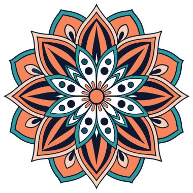 Parlak mandala vektörü koyu lacivert olarak sıralanmış yeşil, turuncu ve beyaz katmanlı taç yaprakları içeriyor. Simetrik radyal tasarım karmaşık geometrik detayları ve küçük dairesel aksanları içerir, dekoratif ve meditasyon için idealdir.,
