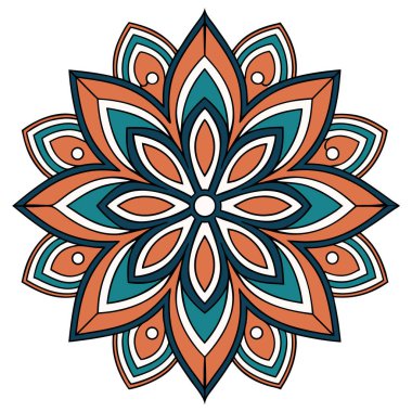 Parlak mandala vektörü koyu lacivert olarak sıralanmış yeşil, turuncu ve beyaz katmanlı taç yaprakları içeriyor. Simetrik radyal tasarım karmaşık geometrik detayları ve küçük dairesel aksanları içerir, dekoratif ve meditasyon için idealdir.,