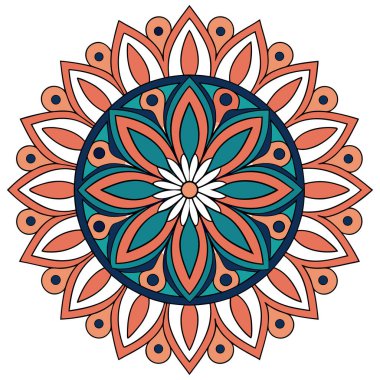 Parlak mandala vektörü koyu lacivert olarak sıralanmış yeşil, turuncu ve beyaz katmanlı taç yaprakları içeriyor. Simetrik radyal tasarım karmaşık geometrik detayları ve küçük dairesel aksanları içerir, dekoratif ve meditasyon için idealdir.,